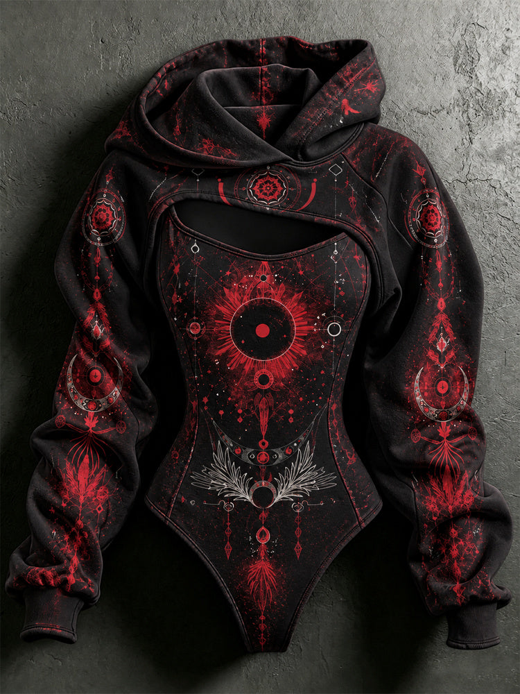 Women's Halloween Mysterious Ethnic Pattern Printed Hoodie Set, 2 Pieces