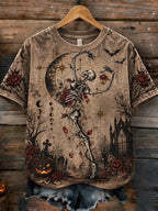 Women's Vintage Boho Gothic Dancing Skeleton Rose Moon Halloween T-shirt