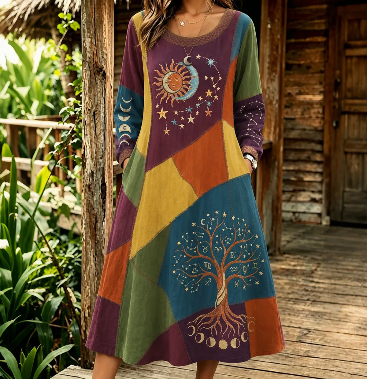 Women's Retro Patchwork Tree Of Life, Sun, Moon And Stars Print Linen Dress