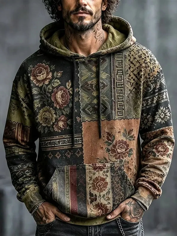 Men's Boho Spliced Rose Leopard Print Hoodie