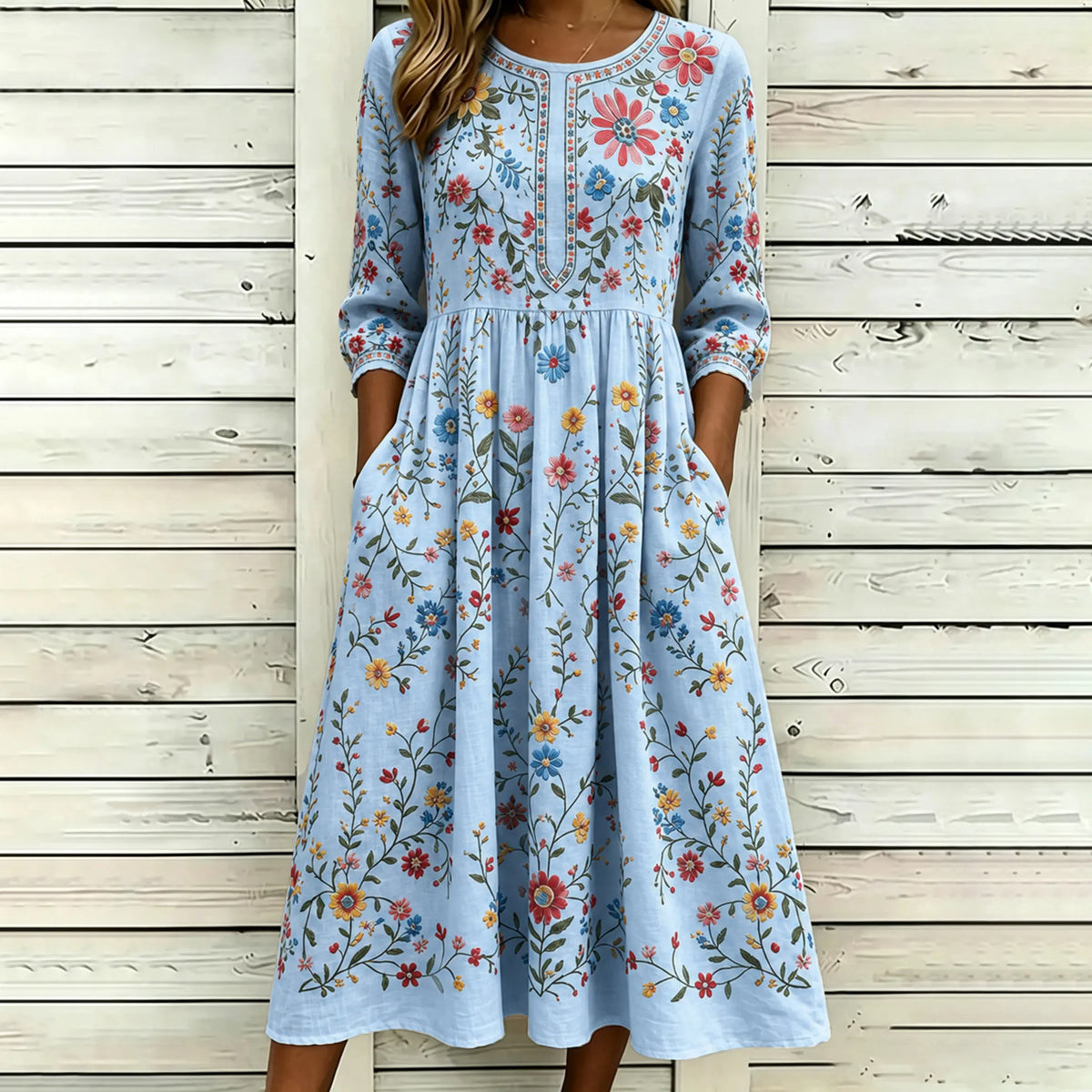 Women's Vintage Floral Pattern Art Embroidered Linen Blend Dress