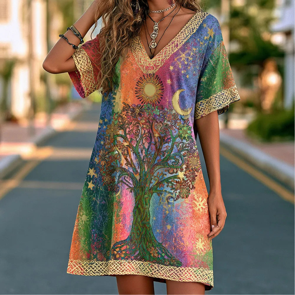 Women's Hippie Plant And Sun Moon Star Art Tie-dye Linen V-neck Dress