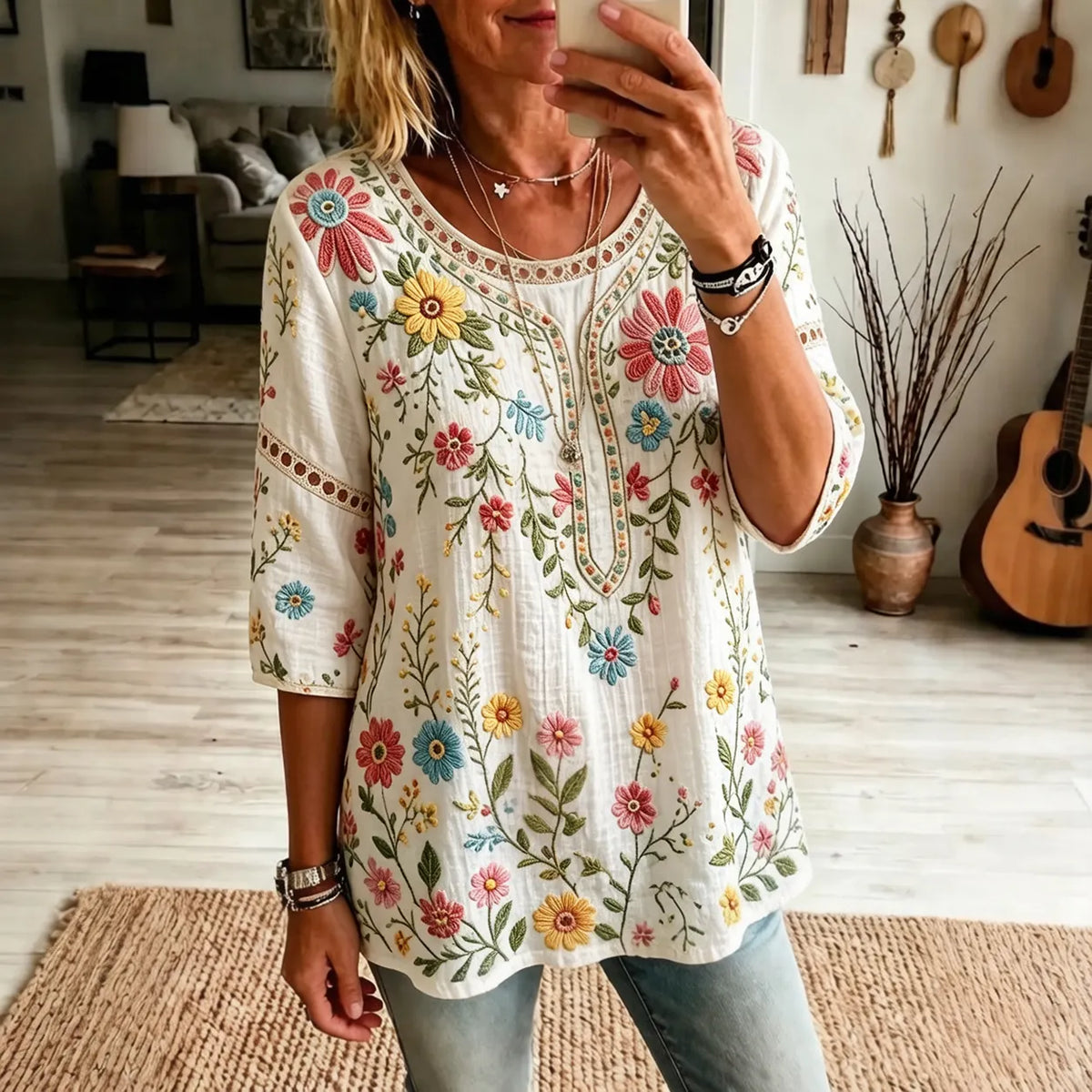 Women's Vintage Floral Art Print Flowy Linen Blend Linen Blend Three-quarter Sleeve Casual Tops