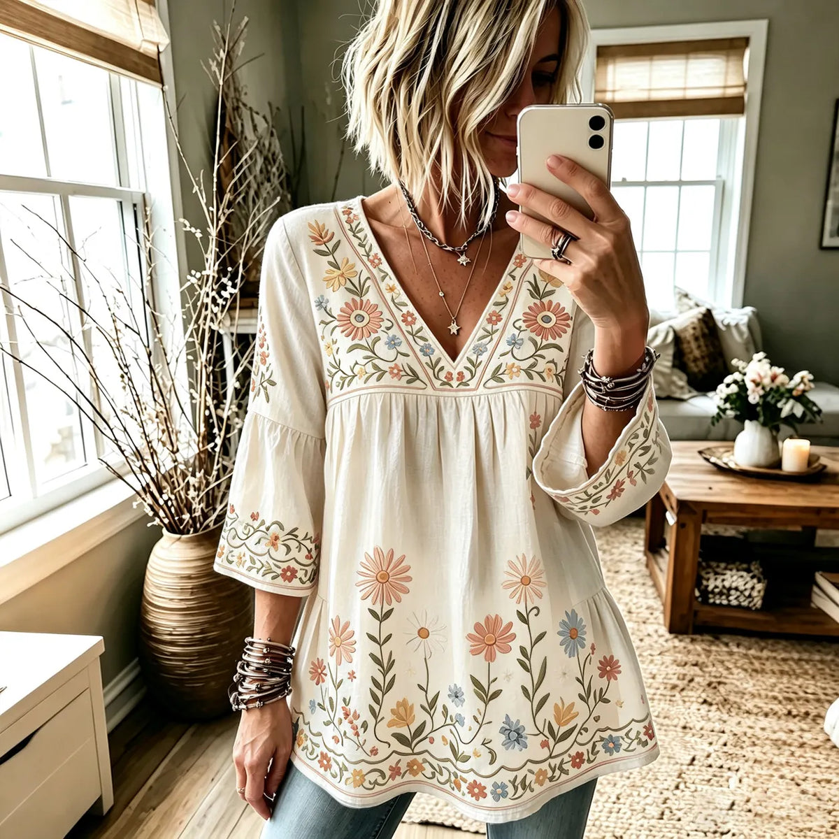 Women's Retro Hippie Floral And Dragonfly Art Flowy Linen Blend Three Quarter Sleeves T-shirt