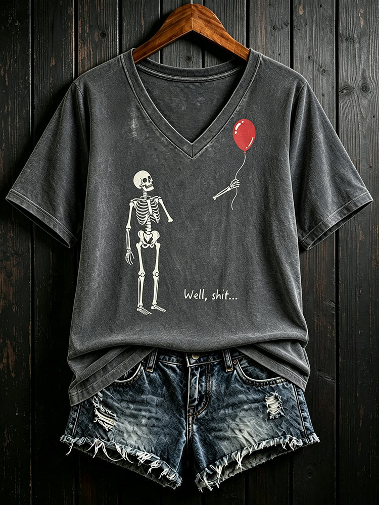 Women's Vintage Skeleton Lost Balloon Well Shit Funny Skeleton Graphic Print Casual T-shirt