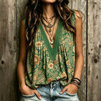 Women's Retro Floral Pattern Crew Neck Linen Blend Tank Top