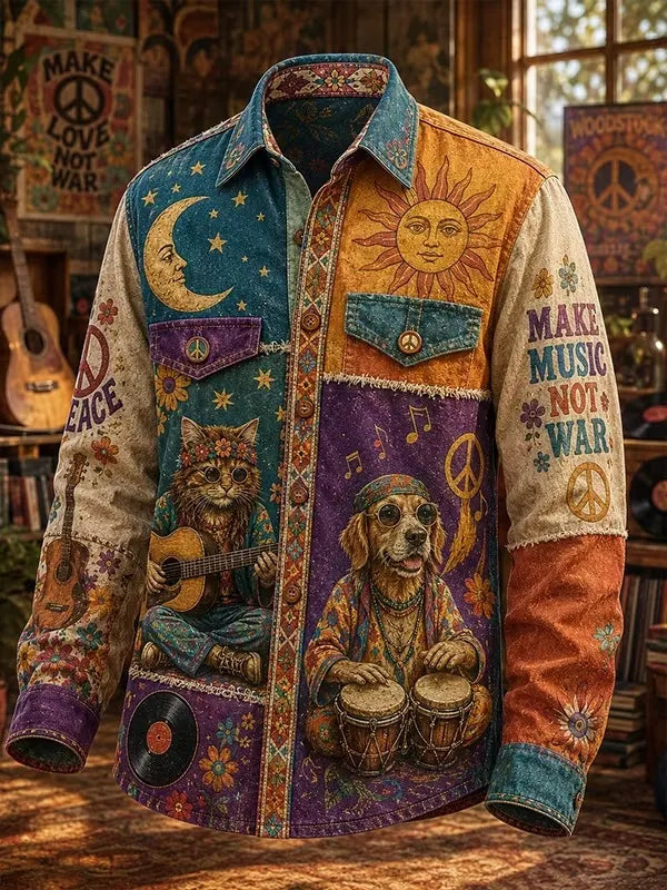 Men's Hippie Cat Playing Guitar Dog Bongo Drums "Make Love Not War" Print Long Sleeve Shirt