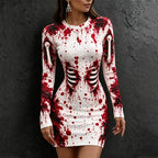 Women's Halloween Bloodstain Skull Print Crew Neck Bodycon Dress