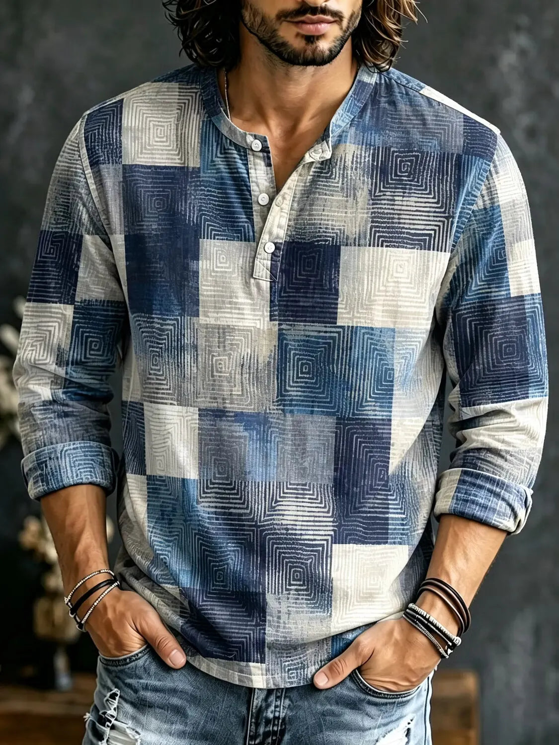 Men's Color Block Modern Abstract Geometric Print Henry Collar Long Sleeve T-Shirt