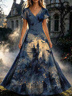 Women's Gothic Castle & Flying Bats Short Sleeve Maxi Dres