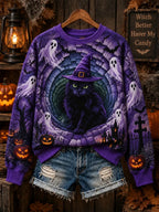 Women's Halloween 3d Cat Ghost Crewneck Sweatshirt