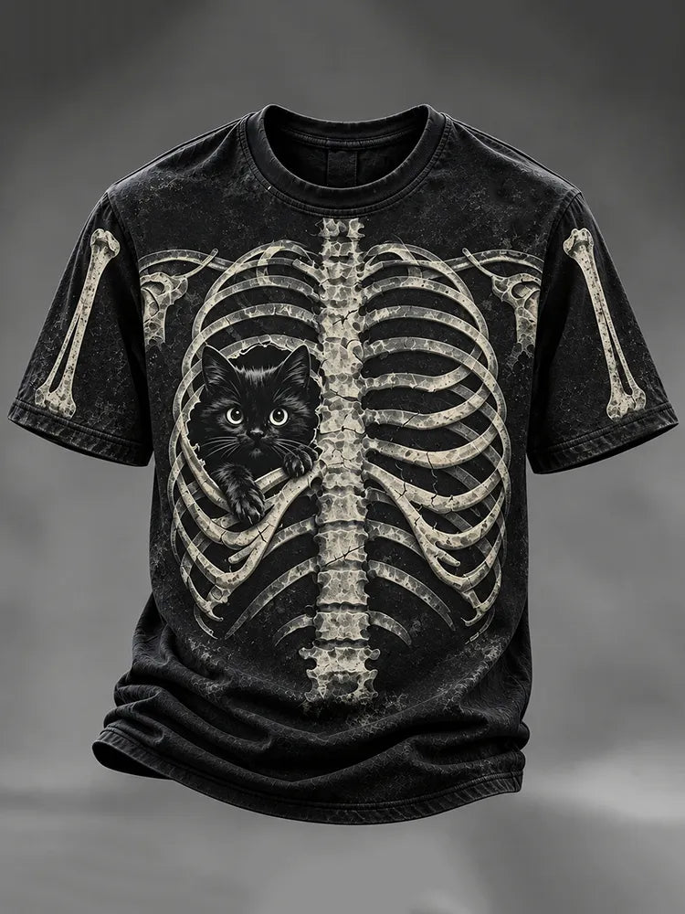 Men's Halloween Peeking Black Cat X-ray Rib Cage 3d Print Short-sleeved T-shirt