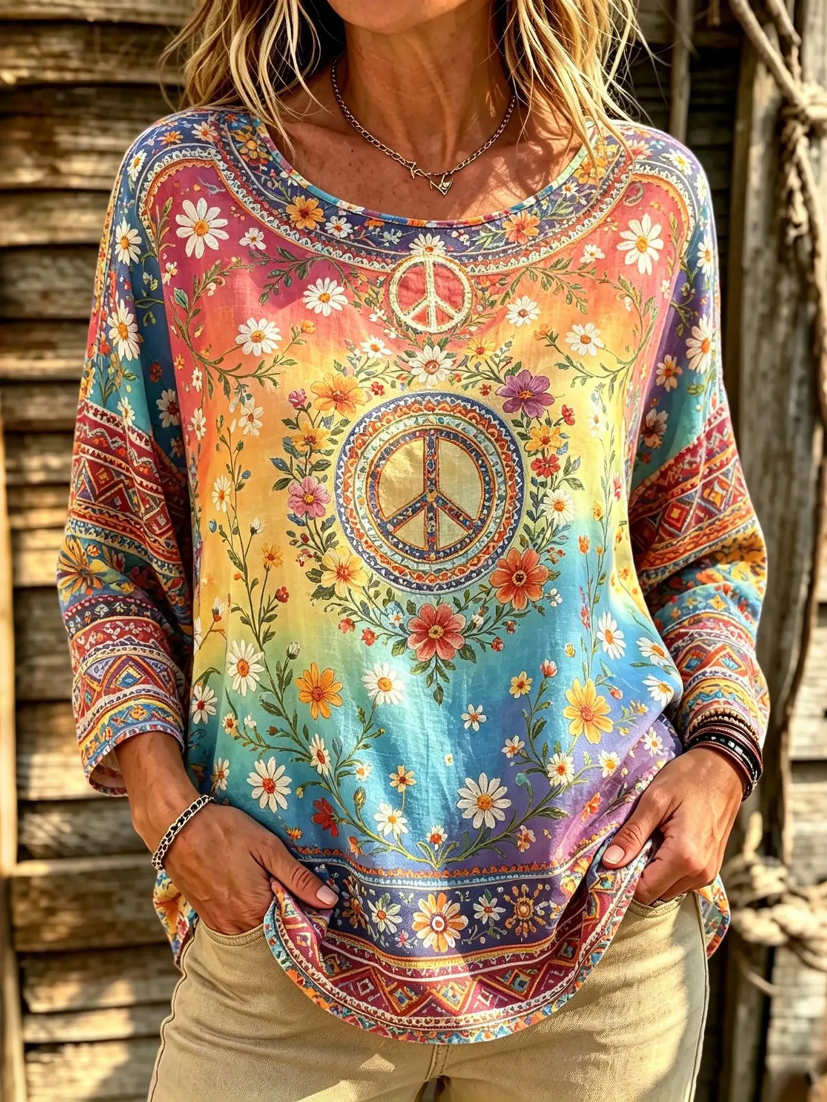 Women's Retro Hippie Floral And Peace Sign Print Long Sleeve T-shirt