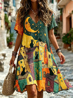 Vintage Moon Black Cat Town Oil Painting Print Boho Linen Vacation Midi Dress