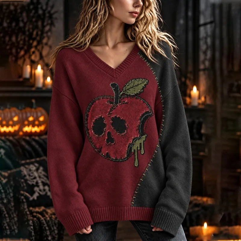 Women's Halloween Colorblock Skull Apple Knit V-neck Sweater