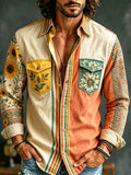 Men's Hippie Bright Sunflowers And Tiny Wildflowers Print Double Pockets Long Sleeve Shirt