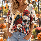 Women's Halloween Raven, Skull, Spiderweb And Red Floral V-neck Short Sleeve T-shirt