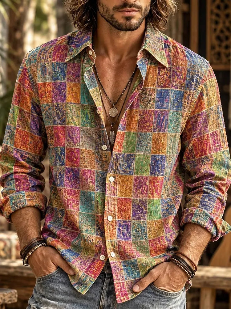 Men's Color Block Geometric Patchwork Print Long Sleeve Shirt