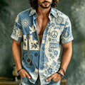 Men's Guitar Peace Dove Boho Patchwork Print Short Sleeve Buttons Shirt
