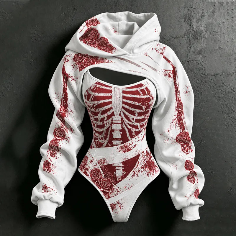 Women's Halloween Bloodstain Skull Rose Bandage Print Hoodie Two-piece Set