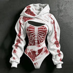 Women's Halloween Bloodstain Skull Rose Bandage Print Hoodie Two-piece Set