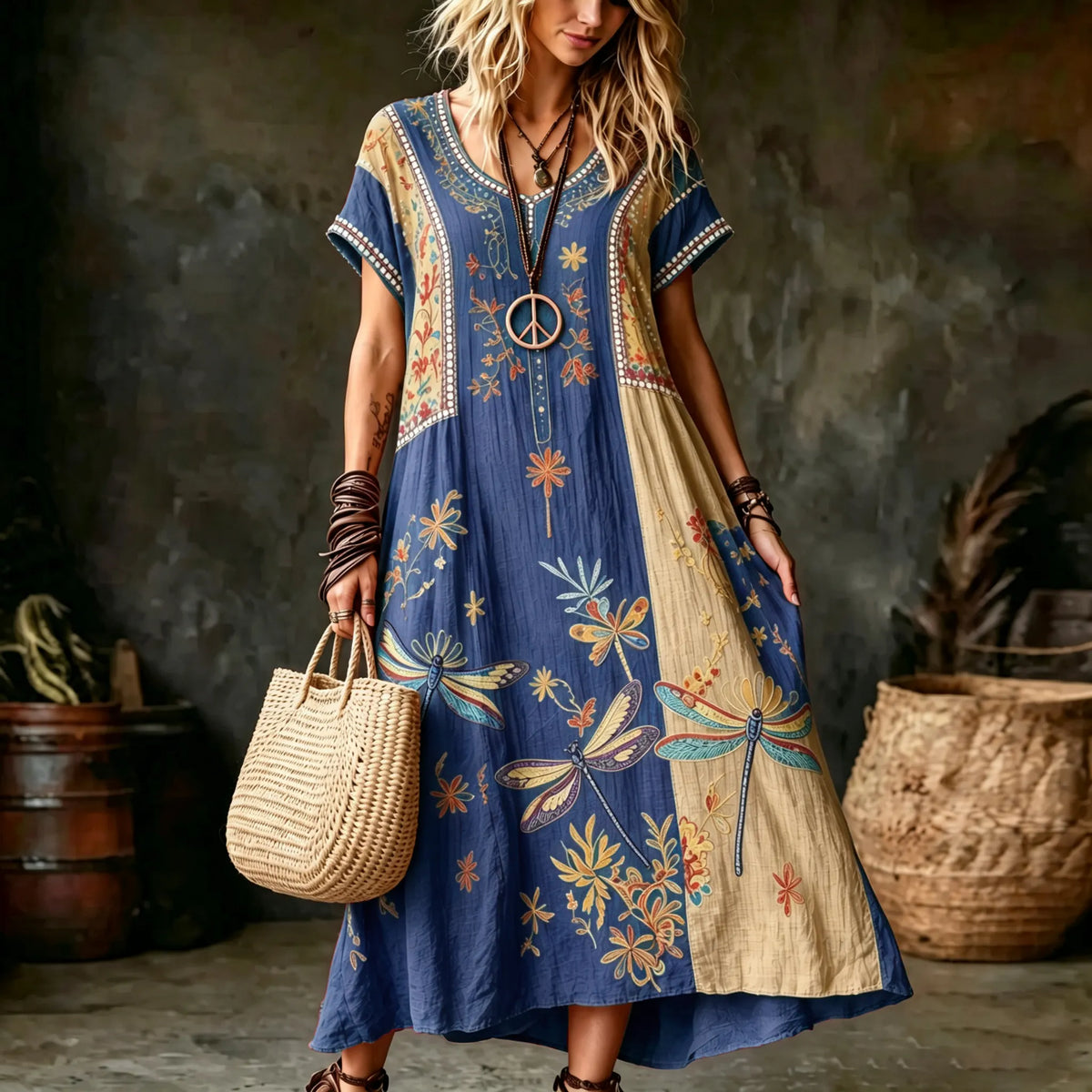 Women's Vintage Hippie Floral And Dragonfly In Patchwork Pattern Art Printed Linen Blend Maxi Dress