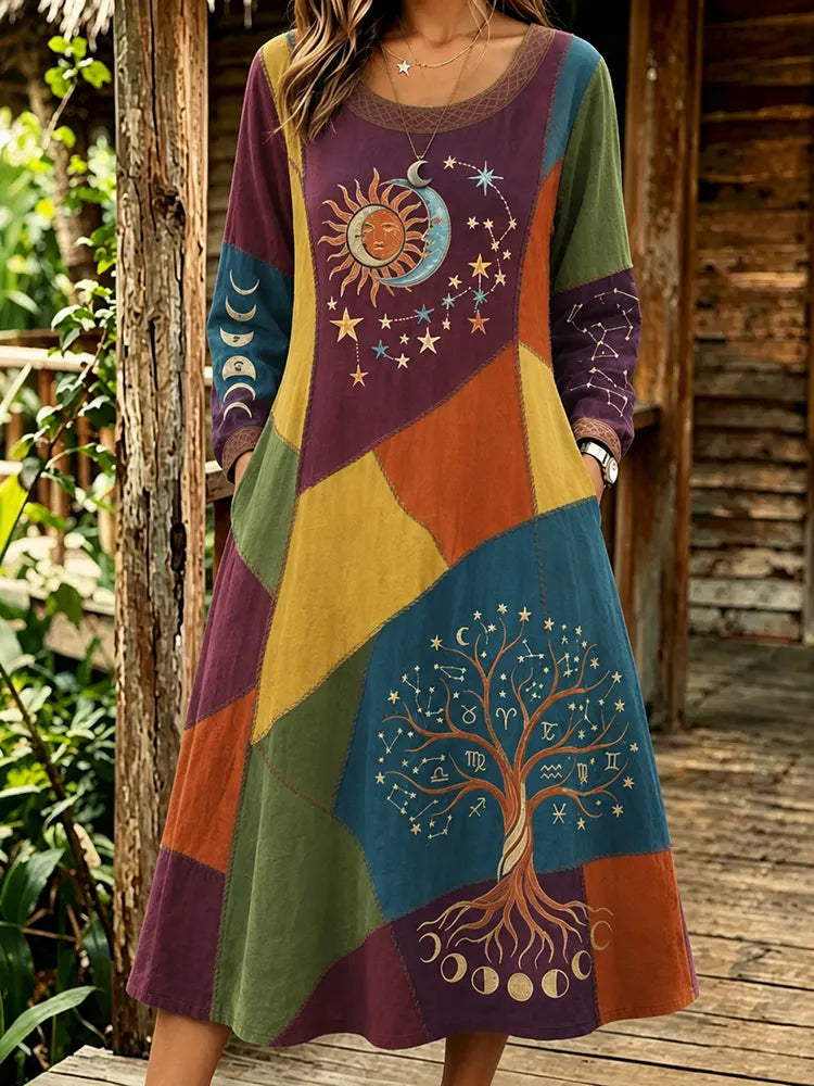 Women's Retro Patchwork Tree Of Life, Sun, Moon And Stars Print Linen Dress