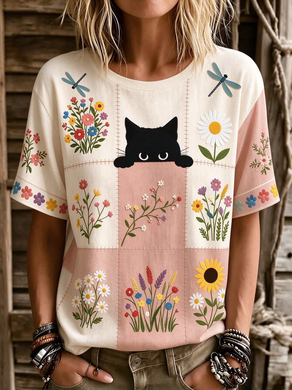Women's Hippie Cute Cat In Patchwork Art Print Linen Blend Round Neck Tshirt