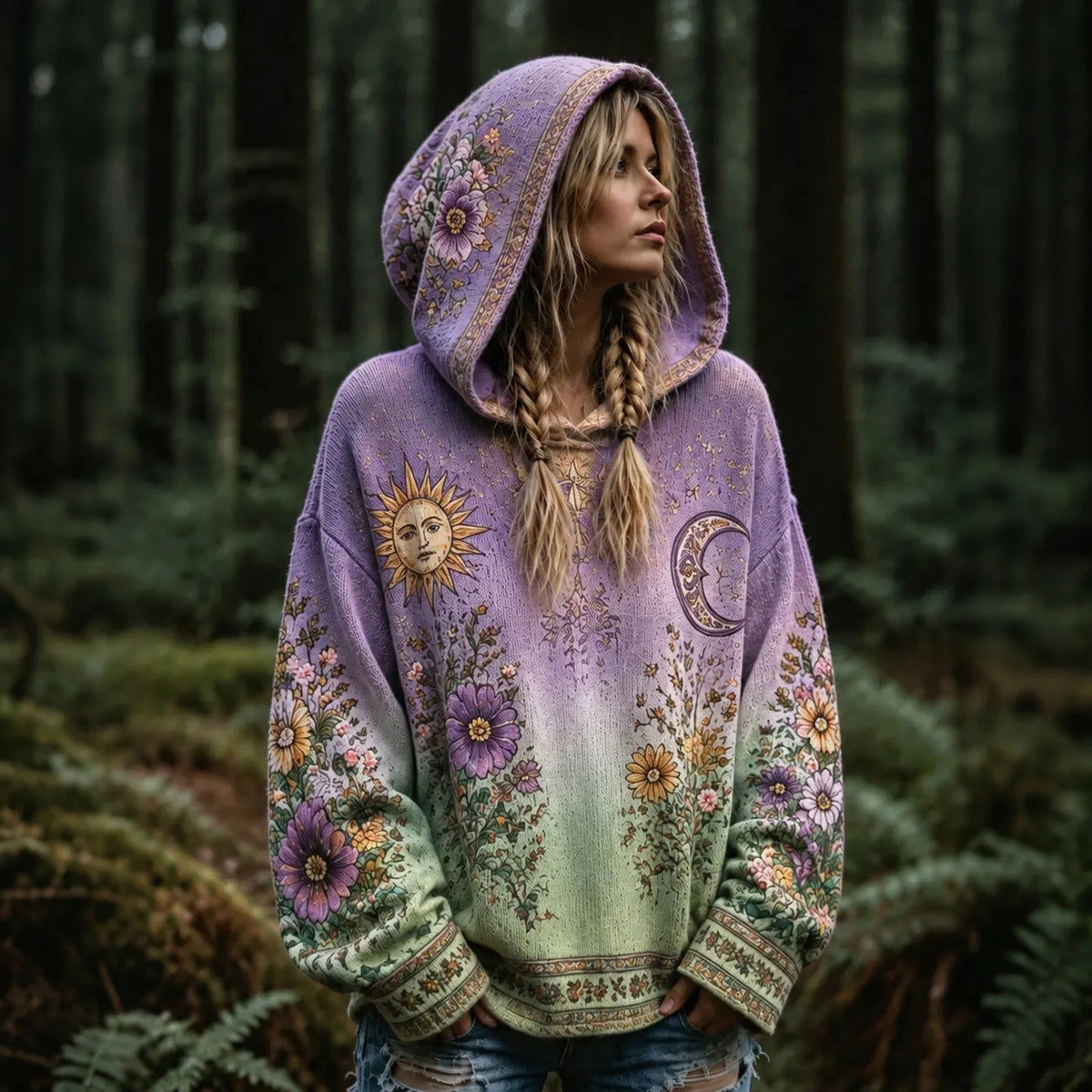 Women's Retro Hippie Floral Art Cozy Knit Hooded Sweater