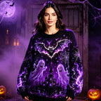 Women's Halloween Spooky Ghost & Castle Graphic Knit Sweater - Purple Bat & Spider Web Pattern