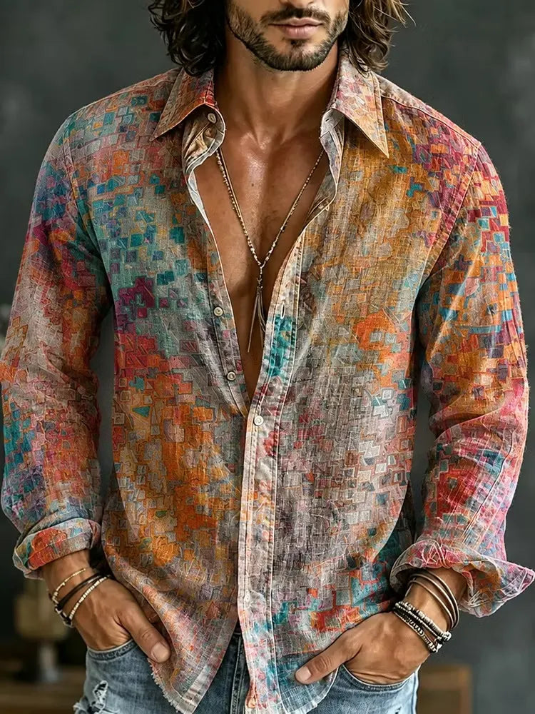 Men's Mosaic Geometric Print Long Sleeve Shirt