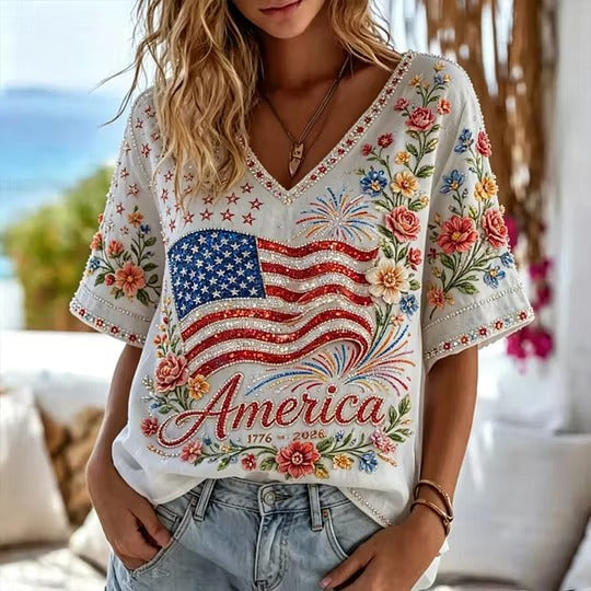 Women's Independence Day Flag And Floral Print Cotton Linen V-neck Short Sleeve Top