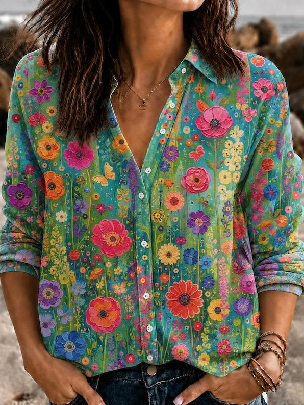 Women's Retro Hippie Style Floral Pattern Linen Casual Shirt