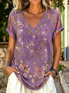 Women's Retro Floral Art Print V-neck Short Sleeve T-shirt