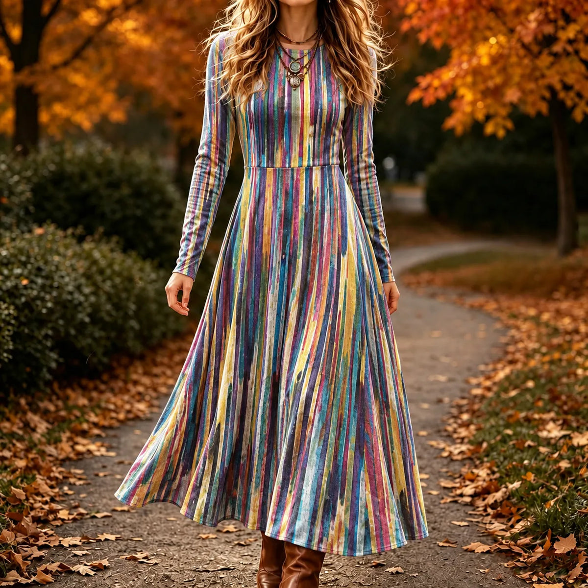 Women's Retro Abstract Stripes Print Crew Neck Long Sleeve Maxi Dress