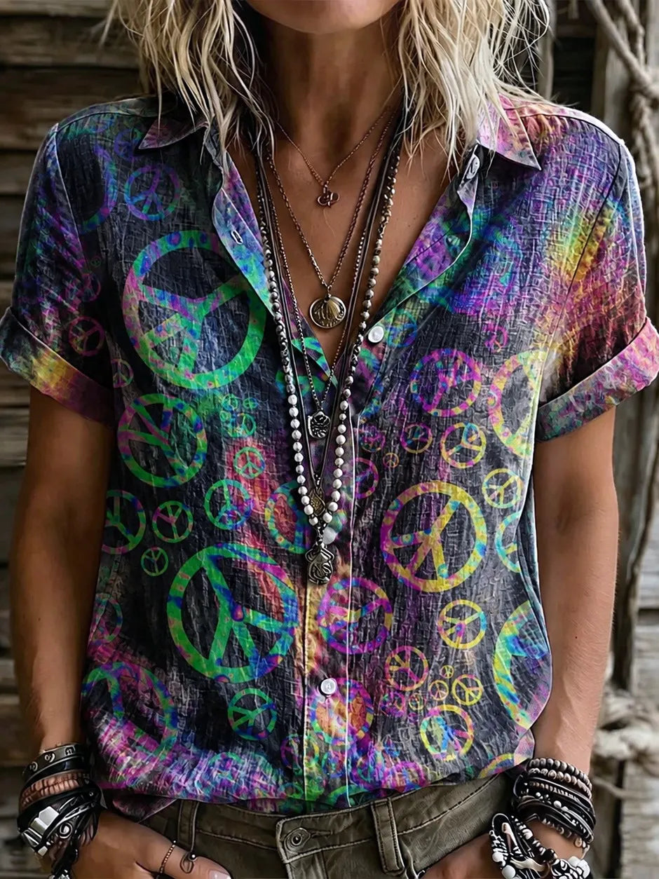 Women's Retro Bohemian Floral Print Linen Short-sleeve Shirt
