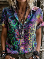 Women's Retro Bohemian Floral Print Linen Short-sleeve Shirt