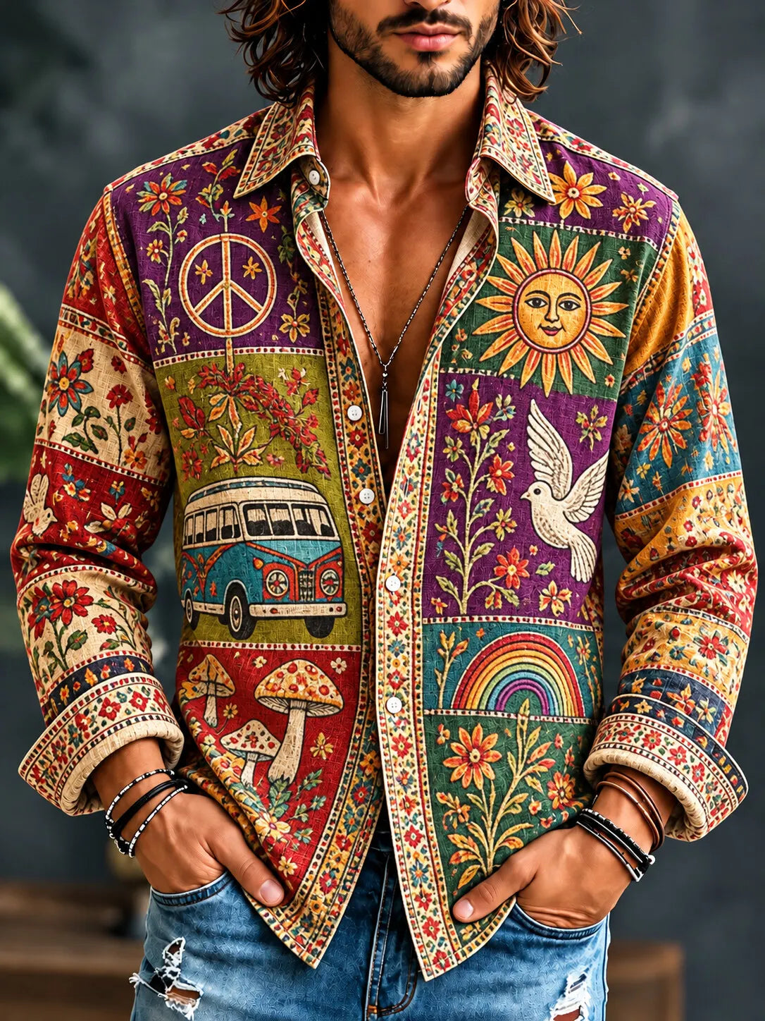 Men's Hippie Peace Sign Sun Dove Van Rainbow Mushroom Floral Print Long Sleeve Shirt