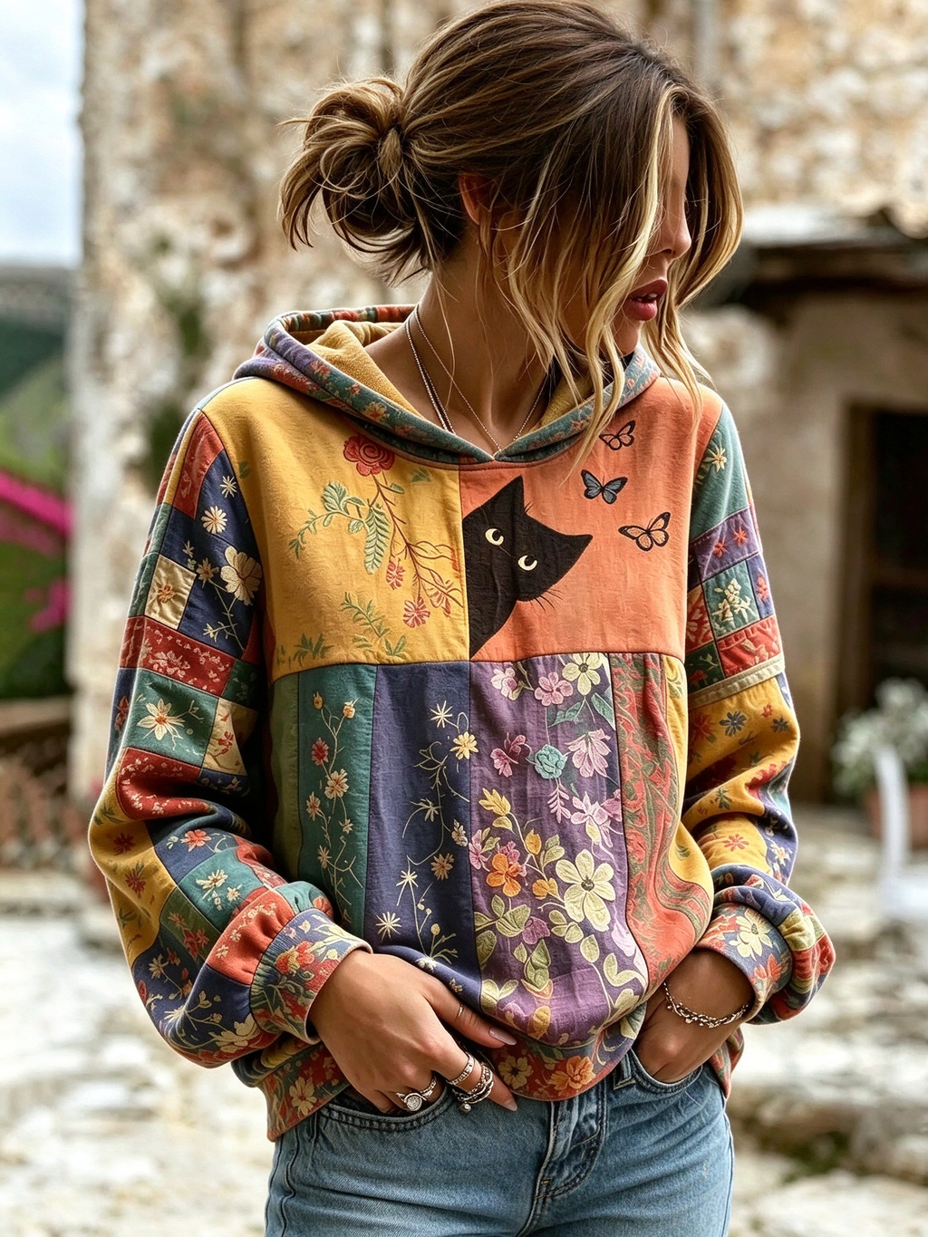 Women's Hippie Black Cat Art Print Round Neck Long Sleeve Sweatshirt