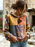 Women's Hippie Black Cat Art Print Round Neck Long Sleeve Sweatshirt