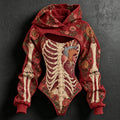Women's Vintage Halloween Floral Skeleton Art Print Hoodie Two Piece Set