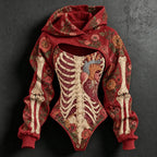 Women's Vintage Halloween Floral Skeleton Art Print Hoodie Two Piece Set