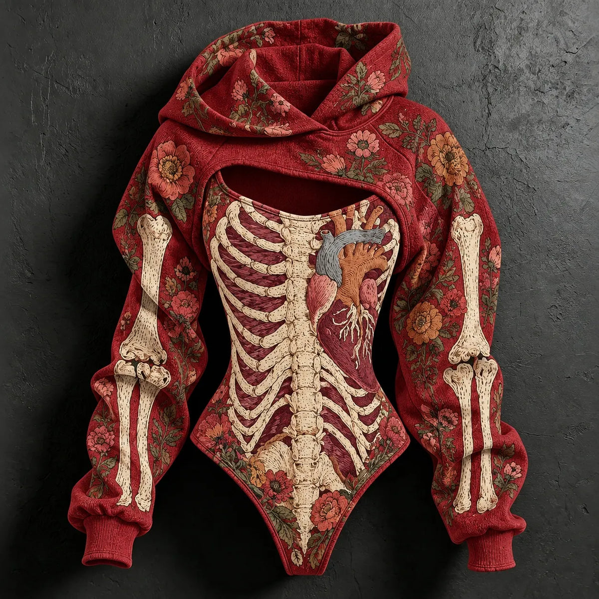 Women's Vintage Halloween Floral Skeleton Art Print Hoodie Two Piece Set