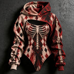 Women's Halloween Bloody Skull Diamond Pattern Print Hoodie Two Piece Set