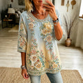 Women's Vintage Floral Art Print Crew Neck Linen Blend T-shirt