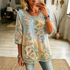 Women's Vintage Floral Art Print Crew Neck Linen Blend T-shirt