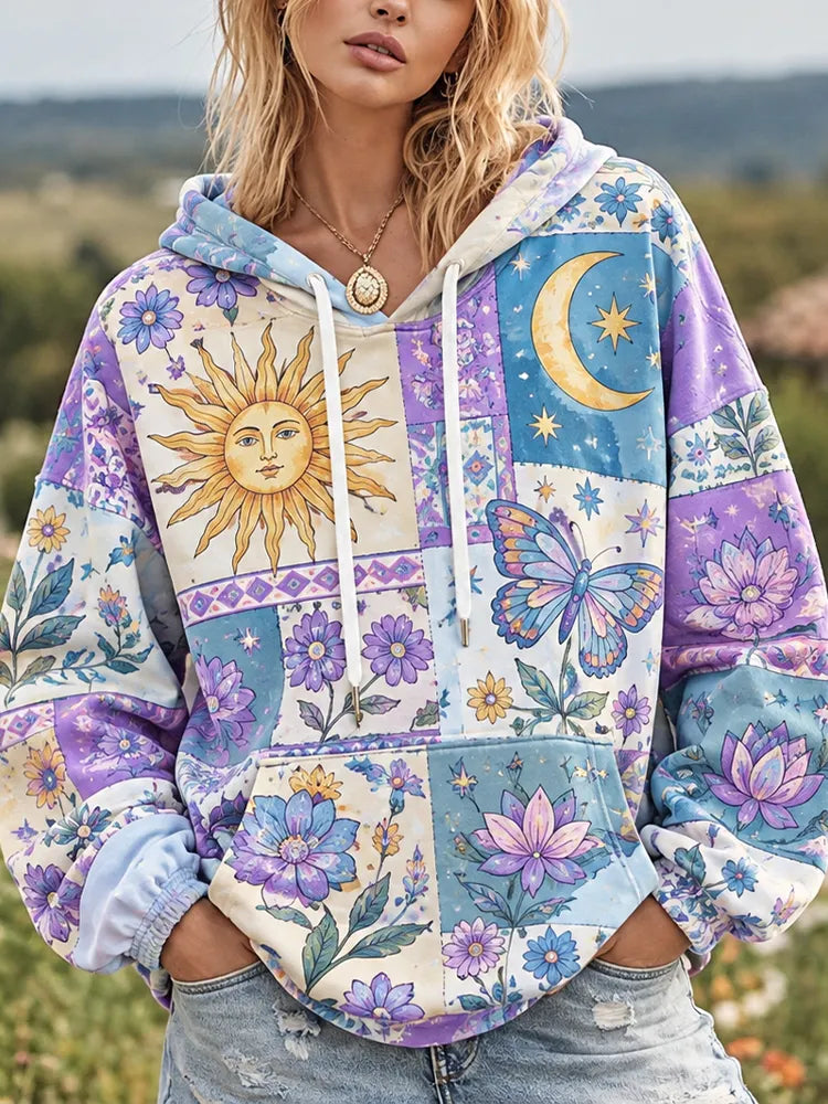 Women's Purple Patchwork Sun, Moon, Star, Butterfly & Floral Print Hoodie