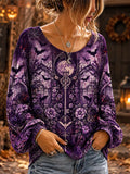 Women's Halloween Purple Gothic Key, Moon, Bats & Flowers Graphic Long-sleeve Top
