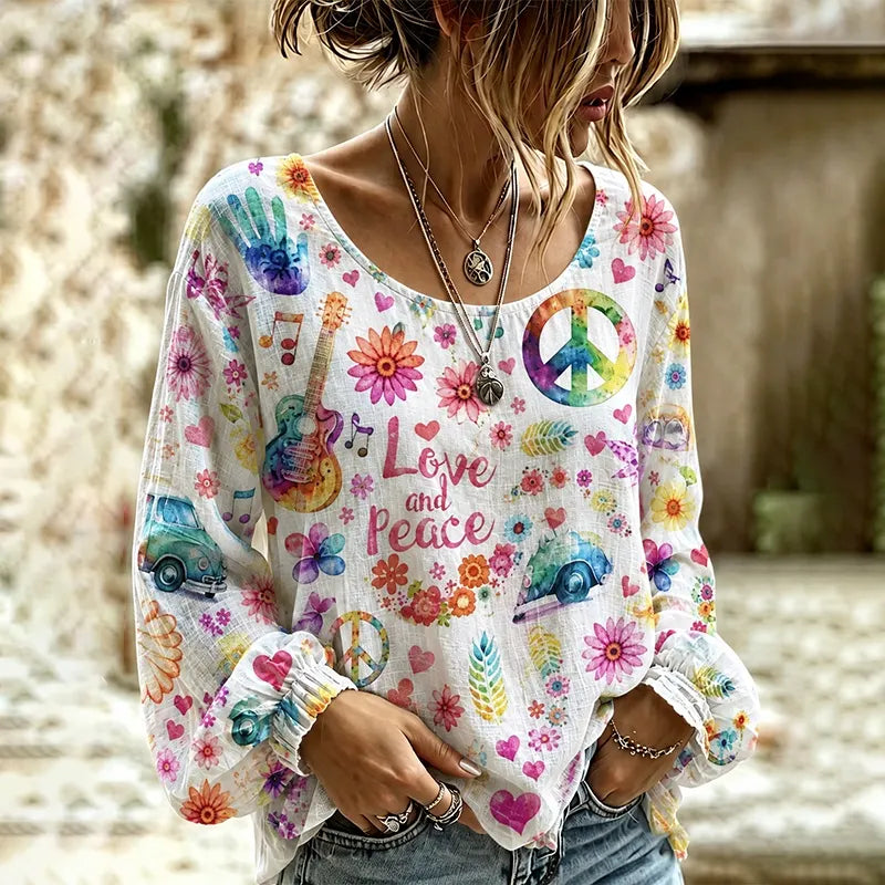 Girl's Hippie Bohemian Peace Sign Guitar Pattern Long-sleeve Top