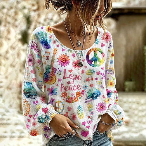 Girl's Hippie Bohemian Peace Sign Guitar Pattern Long-sleeve Top